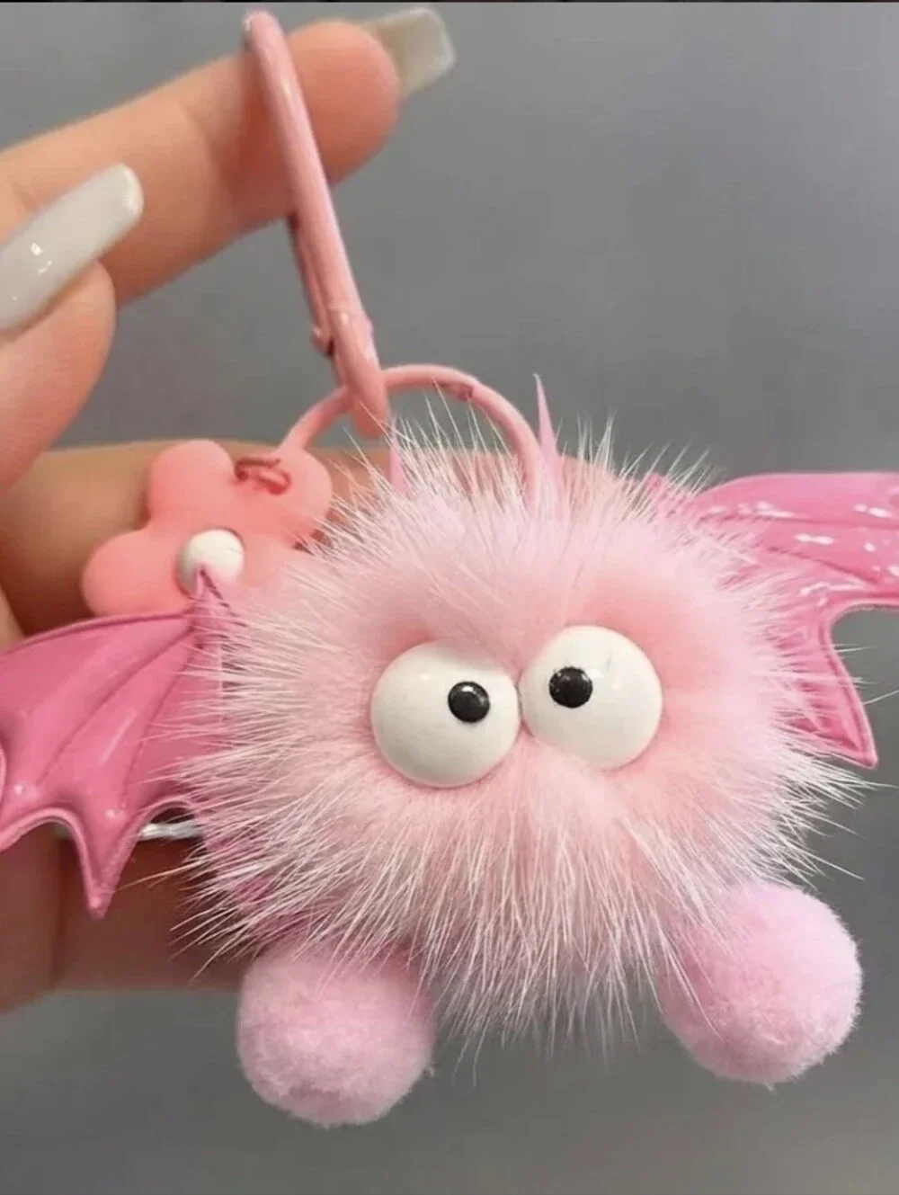 Pink Fuzzy Bat Pom Keychain/Bag Accessory